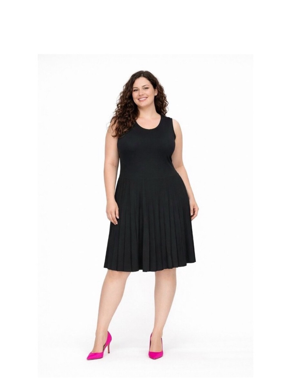 Sleeveless Black Pleated Midi Dress - Curved Fit